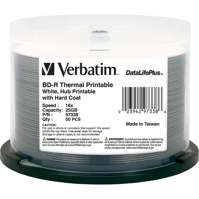 Picture of Verbatim BD-R 25GB 6X White Wide Thermal Printable 50 Pack on Spindle