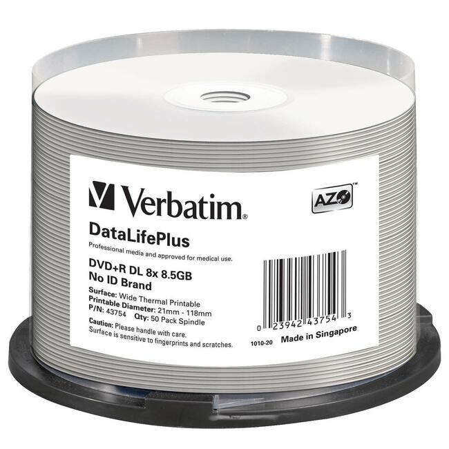 Picture of Verbatim DVD+R DL 8.5GB 8x White Thermal/HUB Printable Printable 50 Pack on Spindle