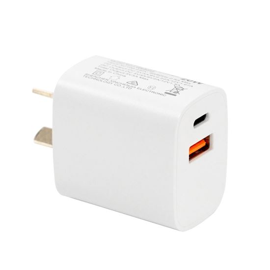 Picture of DYNAMIX 20W USB-C + QC3.0 USB-A Universal Compact USB Wall Charger. 