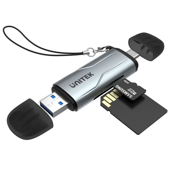Picture of UNITEK 2-in-1 SD 3.0 Card Reader. Dual USB-A & USB-C Connectors. Supports 5Gbps Fast Trasfer Speed, Plug & Play, Alluminium Alloy Body, Space Grey.
