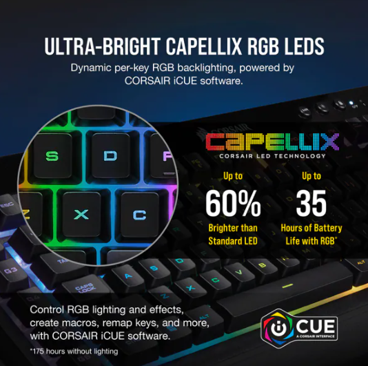 Picture of CORSAIR K57 RGB WIRELESS GAMING KEYBOARD WITH SLIPSTREAM WIRELSS TECHNOLOGY - BLACK