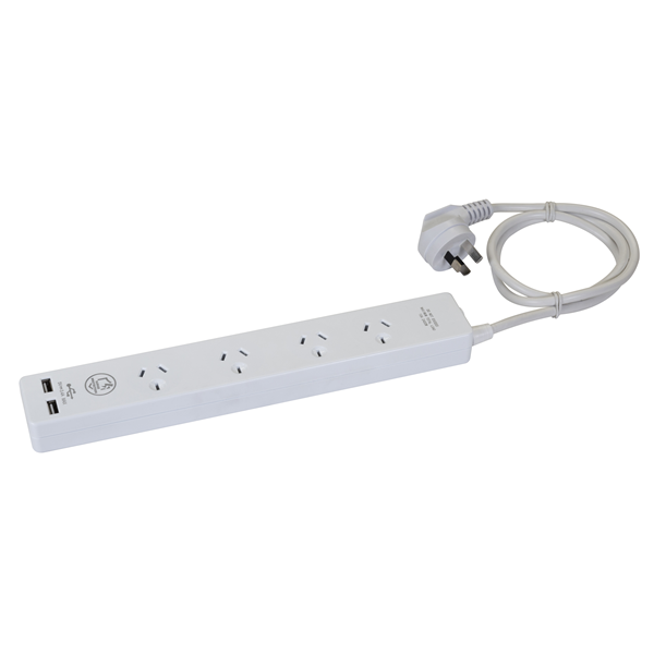 Picture of DYNAMIX 4-way 10A Home & Office Powerboard with two USB 3.4A Rapid Charging Ports White