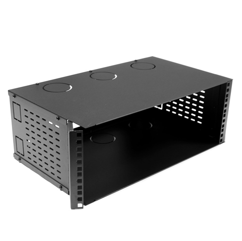 Picture of DYNAMIX 4U 300mm Deep 19' Fully Enclosed Hinged Wall Mount Bracket. Includes Lid & Base Panels. Incorporates Side Venting & Rear Entry Plus Knock Outs on Top, Bottom & Sides. Black Colour