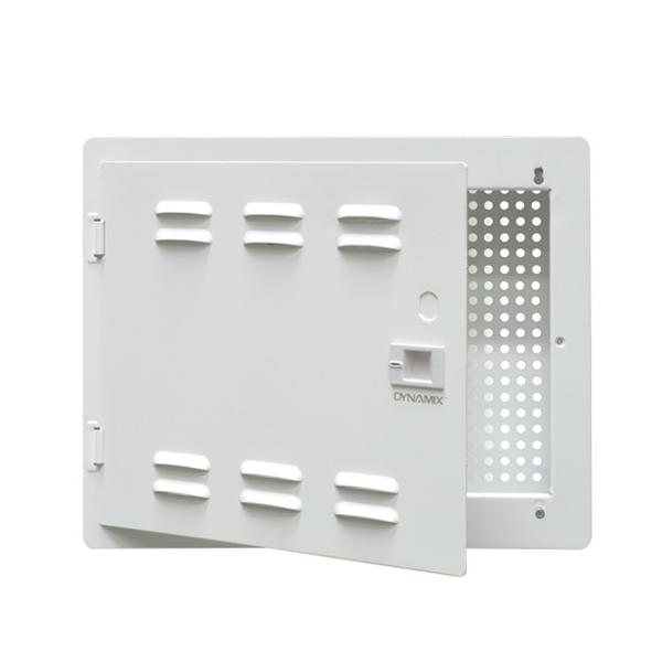 Picture of DYNAMIX 14' Network Enclosure Recessed Wall Mount, Vented Lid, Cable/GPO Knock outs. Installs: 400 mm Centre Stud. Cut out OD: 355x 276 x 99mm. Incl. Installation Accessories, Earth Kit