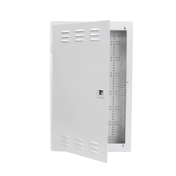 Picture of DYNAMIX 20' FTTH Low Profile Network Enclosure Recessed Wall Mount with Vented Lid Cable & Dual GPO Knock outs. Installs 400mm Centre Stud. Cut out dimensions: 355x525x70mm.