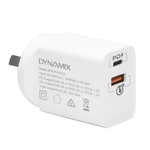 Picture of DYNAMIX 18W PD USB-C + QC3.0 USB-A Universal Compact USB Wall Charger