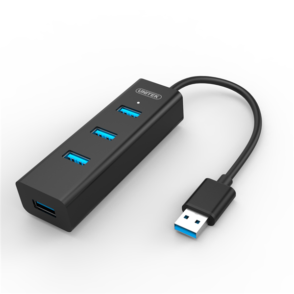 Picture of UNITEK USB 3.0 4-Port hub. Super Speed Data Transfer Rate up to 5Gbps. Plug and play. LED Indicator. Includes Optional Power Port (Micro USB).