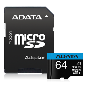 Picture of ADATA Premier microSDXC UHS-I A1 V10 Card with Adapter 64GB
