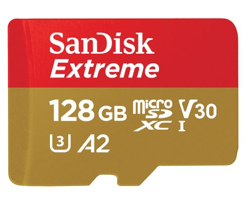Picture of SANDISK EXTREME MICROSDXC SQXA1 128GB V30 U3 C10 A2 UHS-I 160MB/S R 90MB/S W 4X6 SD ADAPTOR LIFETIME LIMITED ACTION CAM/DRONE SKU