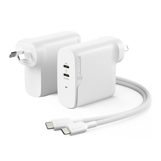 Picture of ALOGIC 2X68 RAPID POWER 2 PORT 68W GAN CHARGER USB-C (50W) + USB-C (MAX. 18) INCLUDES 2M USB-C CHARGING CABLE